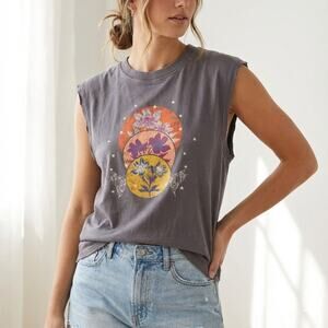 Free People NWT Asphalt Gray Celestial Sun Moon Floral Muscle Tank S FP Movement